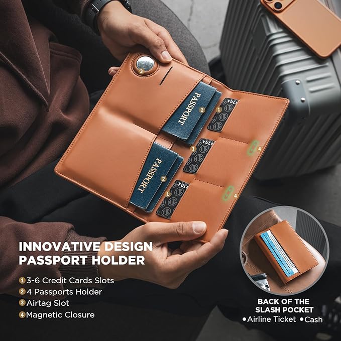 VULKIT Family Passport Holder for 4 Leather Passport Wallet with Airtag Slot Multiple Passport Holder RFID Blocking Bifold Travel Documents Organizer