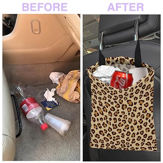 Car Trash Bag Hanging Brown Leopard Print Car Trash Can for Back Seat Waterproof Car Garbage Can with Adjustable Straps and Drawstring for Car Accessories Vehicle Travelling Camping