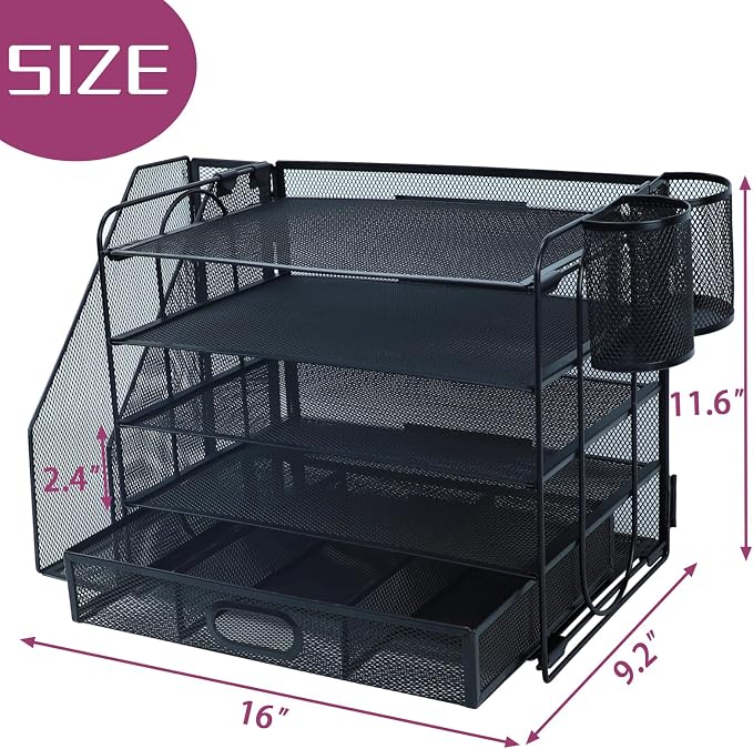 Desk Organizers and Accessories with File Holder, 5-Tier Paper Letter Tray Organiser with Drawer and 2 Pen Holder, Mesh Desktop Document Organizer for Office Supplies, Workspace - Black