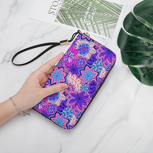 Unisex Zip Around Wallet for Adults Teens Colorful Bright Ethnic Style Flowers Floral Coin Pouch Cash Pocket PU Leather Wallets Card Holder Organizer Designer Purse with Wristlet Strap