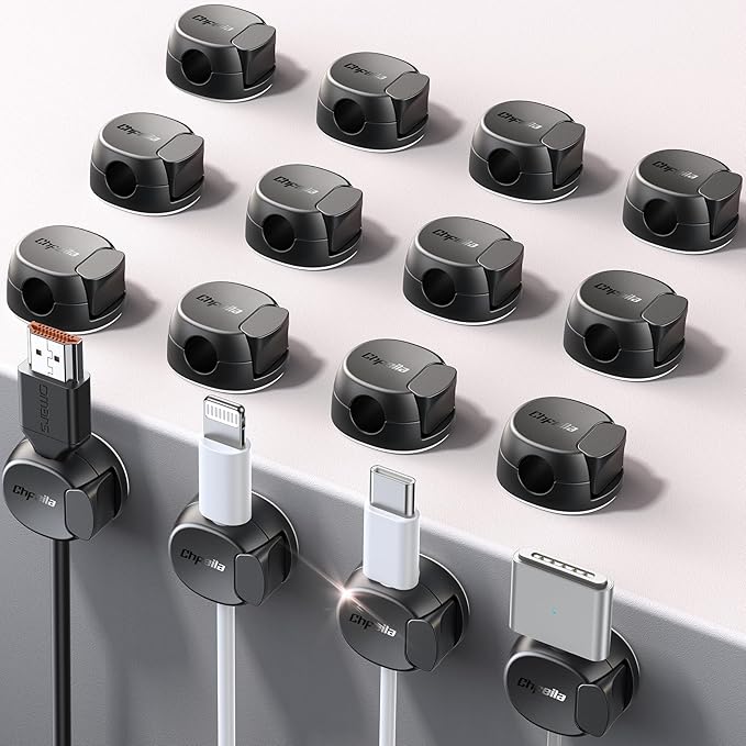 16Pack Cord Organizer [Dual Spring & Clasp, Max Secure] Cable Clips - Chfeila Cord Holder, Desk Cable Management, Adhesive Phone Charging Wire Holder for Nightstand/Car/Wall, Office Accessory - Black