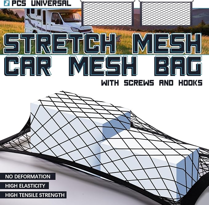 2 Pcs Universal Stretch Mesh Car Mesh Bag with Screws and Hooks for Trunk RV Boats Home Cargo Storage (17.7'' x 9.8'')