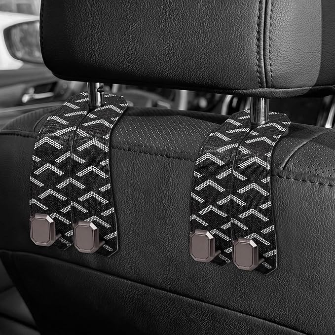 2PCS Car Hooks for Headrest, Faux Leather Purse Hook for Car Seat Back Organizers and Storage, Double Metal Purse Holder Bag Hanger, Universal Car Interior Accessories for Women Man