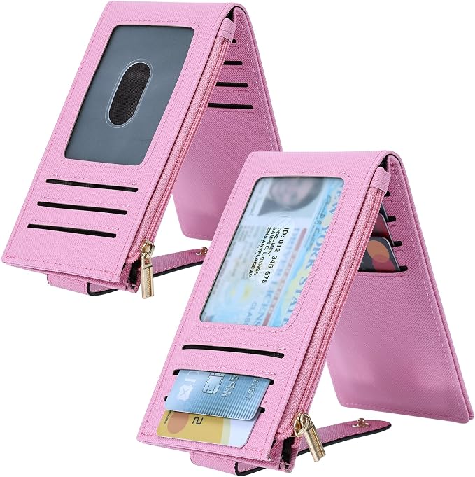 Chelmon Womens Wallet Slim RFID Blocking Bifold Multi Card Case Wallet with Zipper Pocket (Pink)