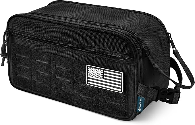 PAVILIA Tactical Toiletry Bag for Men, Water Resistant Molle Military Dopp Kit, Travel Hygiene Organizer with Wet Dry Storage for Shaving, Grooming, Gym and Camping, Black XL