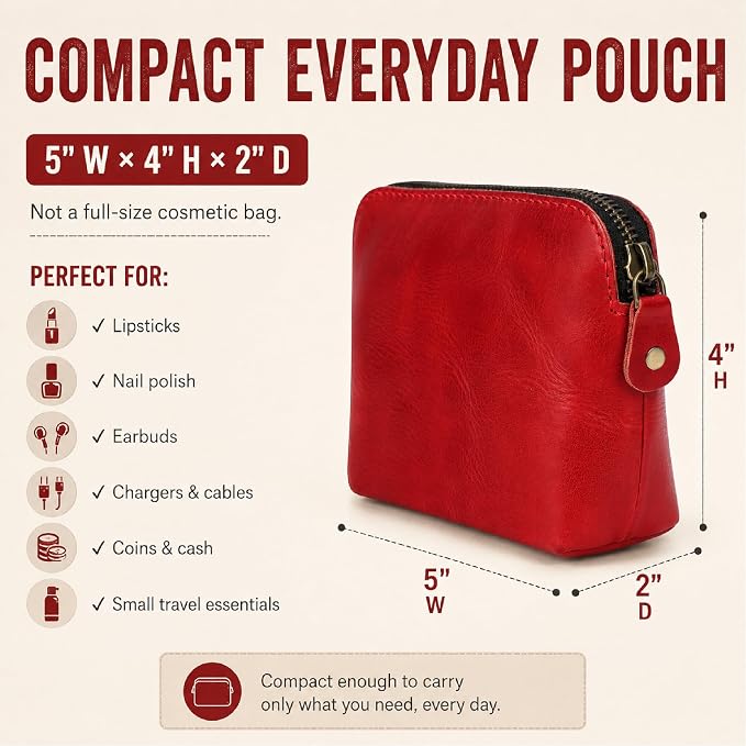 Full Grain Leather Cosmetic Bag – Zippered Makeup Pouch for Women, Small Travel Toiletry & Organizer Pouch for Purse, Premium Handmade Leather (5 × 4 × 2.5 in)
