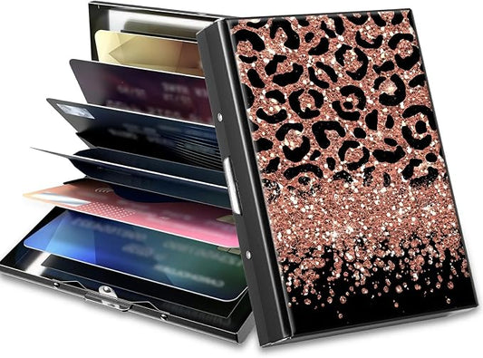 Slim Credit Card Holder, Leopard Glitter RFID Blocking Metal Wallet for Men & Women, Aluminum Minimalist Hard Case Pocket-Sized Business Cards Organizer (Fits Up to 10 Cards)
