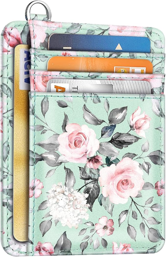 Coco Rossi Slim Front Pocket Wallet RFID ID Card Holder Cute Small Wallet with Keychian for Women,Green Flowers