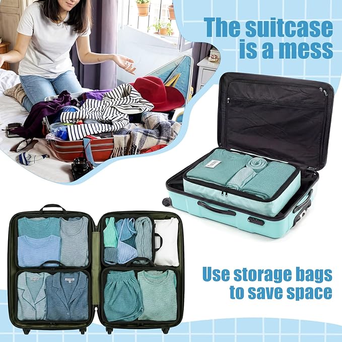 7 Pcs Packing Cubes for Travel Days of Week Compression Packing Cube with Labels Organizers Luggage Storage Bag(Blue,Large)