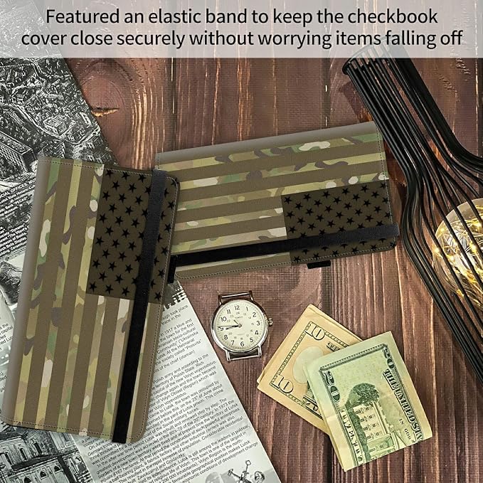 FUYOCWE Leather Checkbook Covers for Men Women Check book Holder Cover Wallets for Personal Checkbook Duplicate Checks with RFID Blocking & Elastic Strap-USA Flag Camouflage