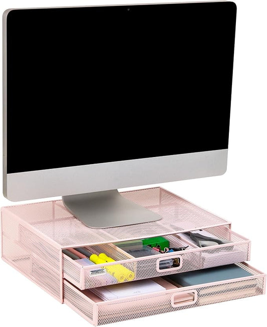 Mind Reader Mesh Monitor Stand with Storage Drawer, Ventilated Laptop Riser and Desktop Organizer, Office, Metal Mesh, Pink