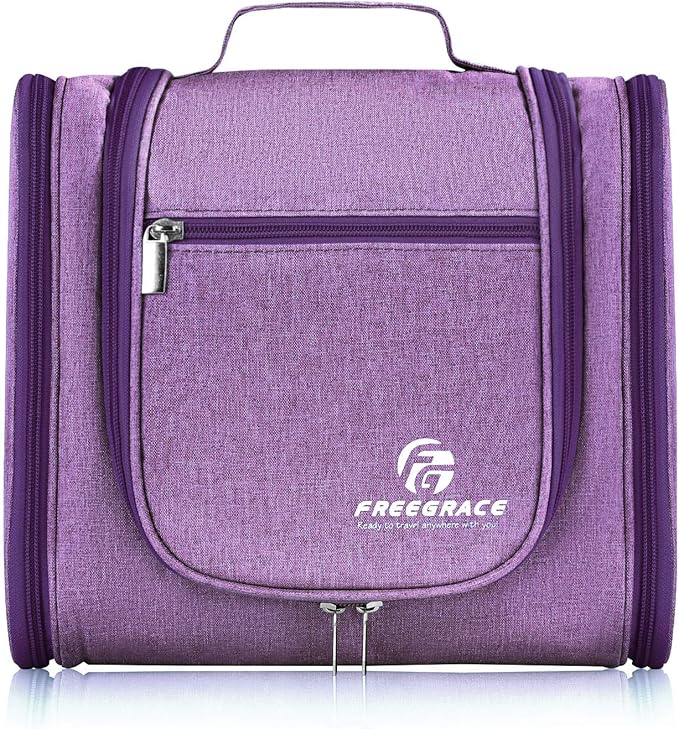 Freegrace Extra Large Hanging Toiletry Bag for Men and Women - Water-Resistant Nylon Travel Bathroom Organizer for Cosmetics, Makeup, and Toiletries
