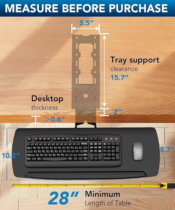 AX WABER Keyboard Tray Under Desk with Storage Drawer, Height Adjustable Keyboard Tray Slide Out 360° Swivel Tilt, Ergonomic Under Desk Mount Keyboard & Mouse Holder for Gaming Home Office, 28''x11''
