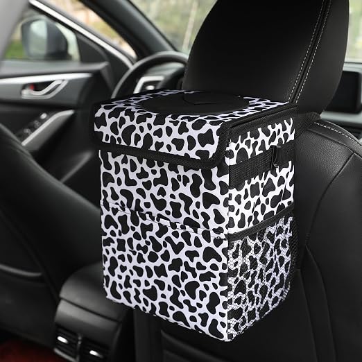 AOKJOY Car garbage can with lid Leak Proof Vehicle Trash Can 3 Storage Pockets Hanging Waterproof car trash bag for suv cow