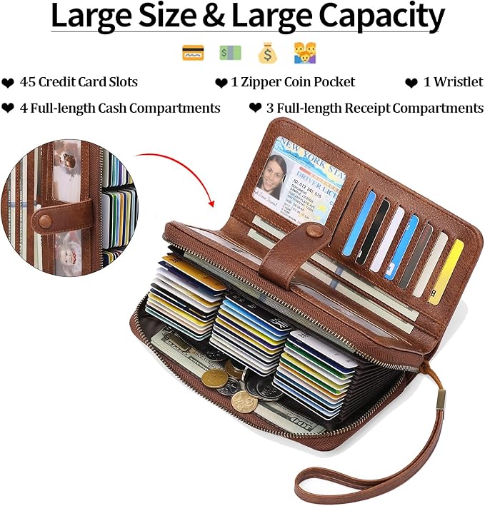 GAEKEAO Leather Credit Card Holder Wallet for Women RFID Blocking Large Capacity Bifold Zipper Card Case Organizer with Wristlet 45 Slots