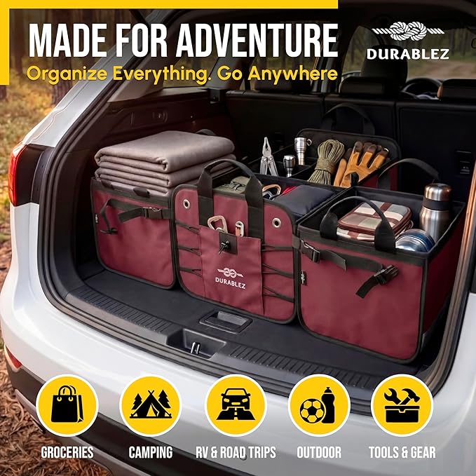 4-Section Trunk Organizer for SUV, Truck, Van, Sedan – Modular Extra Large Cargo Bin, Detachable Car Trunk Storage with Dividers, Collapsible Auto Organization System – Cherry