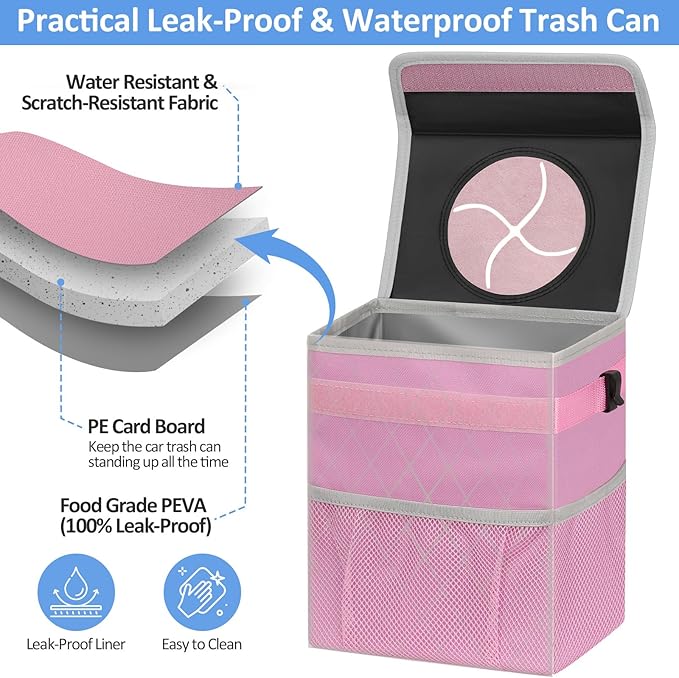 ELONGRIVER Car Trash Can Bin for Back Seat Leak Proof, Cute Car Trash Bag Hanging, Vehicle Trash Can for SUV Truck Van, Automotive Garbage Cans Front Seat Pink