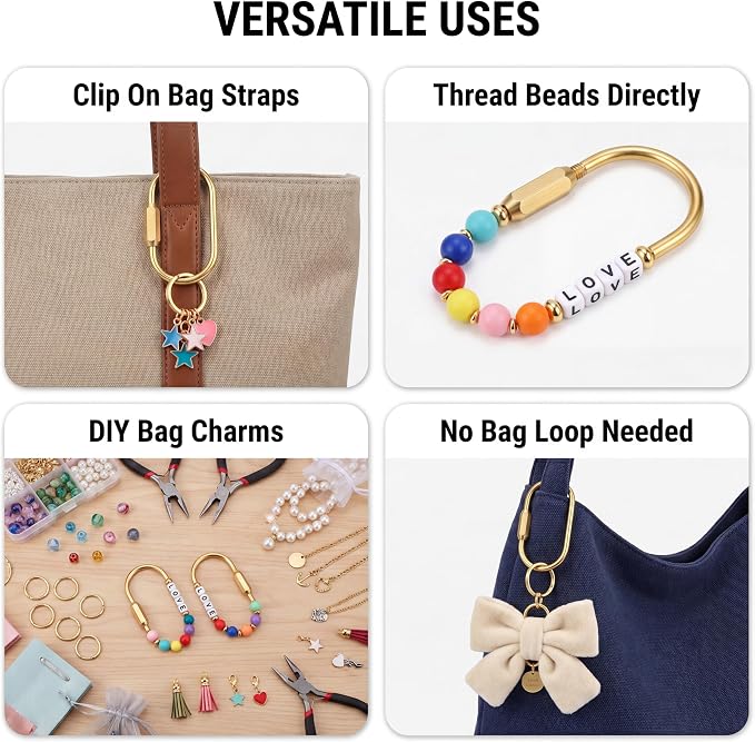 Tiezzi 8 Pack Gold Brass Key Rings with Screw Lock, Carabiner Keychain Clips with 10 O-Rings, Keychain Clasps & Bag Charm Holders for Purses, Tote Bags, Handbags and DIY Crafts