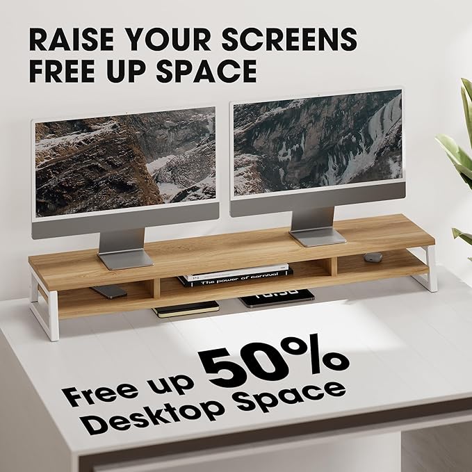 Fenge Dual Monitor Stand for Desk, 42.5in Large Monitor Riser for 2 Monitors, 2 Tier Computer Office Desk Top Shelf, Desktop Storage Stand for Laptop, PC, Computer, Printer