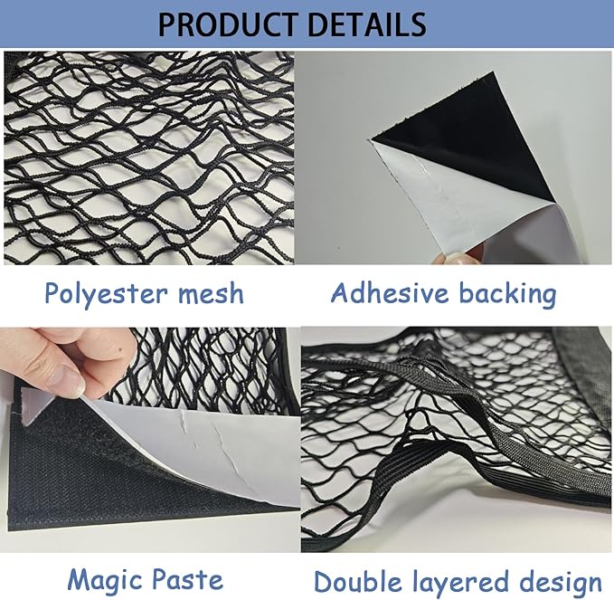 ZMD 2Pcs Universal Mesh Cargo Net with Adhesive Tape, 9.8x15.7in Small Cargo Car Storage Net RV Storage Netting Mesh Pocket Net Wall Sticker Organizer for Car Rv Trunk Boat (Black)