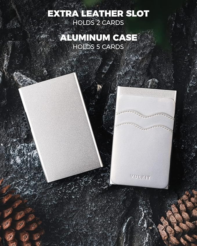 VULKIT Credit Card Holder Minimalist Slim Pop Up Wallet with Leather Slots RFID Blocking for Men and Women Holds 7 Cards and Notes Pearl White