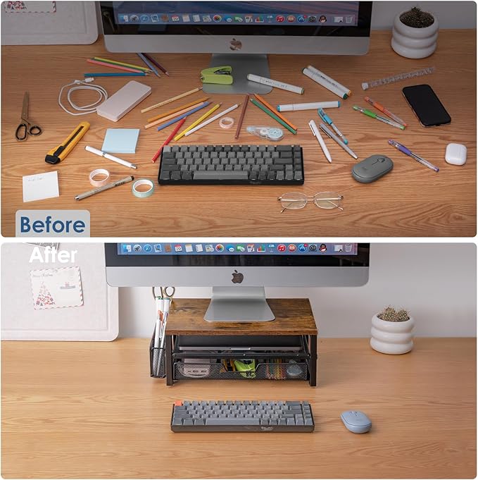 ARCOBIS Monitor Riser with Drawers and Pen Holders, Wood & Mesh Metal Computer Monitor Stand with Storage for Desk, Rustic Brown