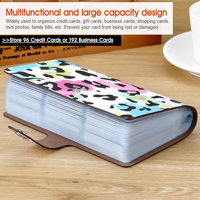RFID Credit Card organizer, Business Card holder with 96 Card Slots, Gift Card Case for Managing Your Different Cards and Important Documents to Prevent Loss or Damage (Leopard Print)