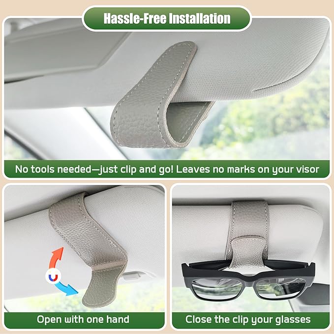 2 Packs Sunglasses Holders for Car Visor, Magnetic Leather Glasses Eyeglass Hanger Clip for Car, Ticket Card Clip Sunglasses Mount, Sunglass Organizer for Auto Accessories (Gray)