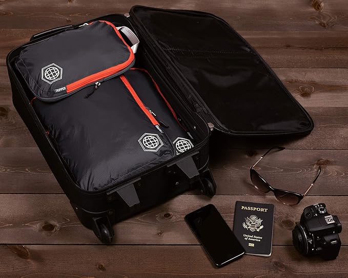 Compression Packing Cubes for Travel, 3-Piece Lightweight Packing Cubes Set for Carry-On Luggage & Backpacks – TRIPPED Travel Gear (Grey and Orange)