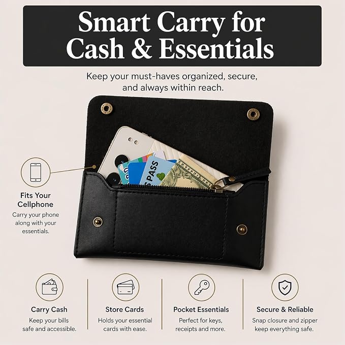 Leather Currency Pouch - Handmade Cash Organizer with Double Button Closure & Zipper Pocket, Compact Money Holder for Travel & Everyday Use, 4 x 8 Inch (Black)