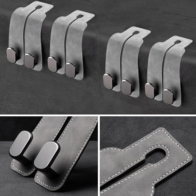 Headrest Hooks - Car Seat Back Double Hook Leather, Purses Hooks (4-Black)