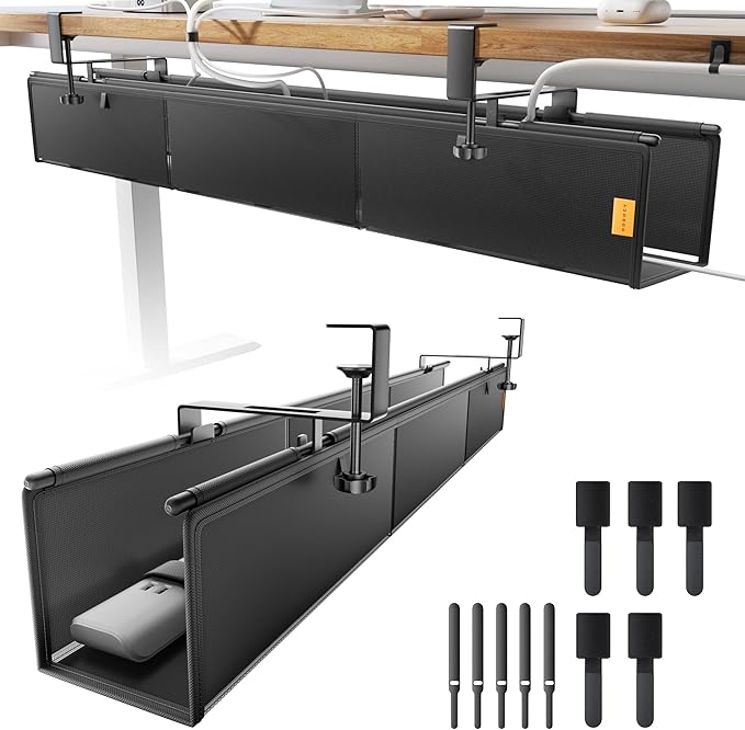 Under Desk Cable Management Tray No Drill, Cable Ties Included, Eco-Friendly Canvas Material, Mesh Design for Heat Dissipation, Cable Organizer/Storage for Standing Desk(39inch, Black)