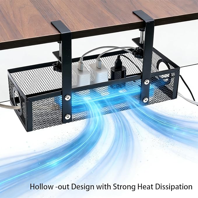 Under Computer Desk Cable Management Tray, No Drill Clamp-On Cord Organizer, Sturdy Metal Wire Tray for Office & Home Desks, Black