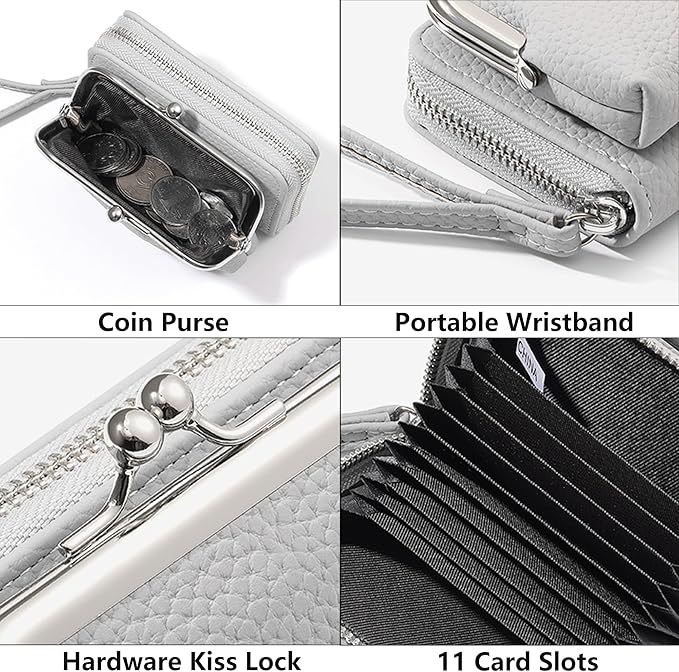 Women's Pebble Leather Wristlet Wallet, 2-in-1 Zip-Around Credit Card Holder with Kiss Lock Coin Purse, Cute Change Purse with Secure Clasp & Card Slots (Light Grey, Small)