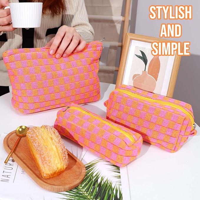 3 Pcs Makeup Bag Checkered Cosmetic Bag Large Capacity Traveling Toiletry Pounch Organizer Cute Makeup Brushes Aesthetic Accessories Storage Bag for Girls Women(Orange-Purple)