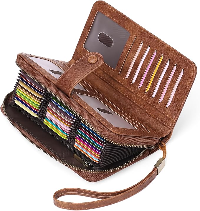 GAEKEAO Leather Credit Card Holder Wallet for Women RFID Blocking Large Capacity Bifold Zipper Card Case Organizer with Wristlet 45 Slots