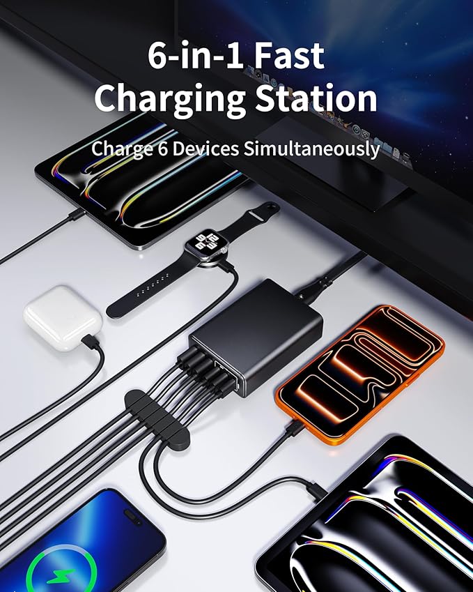 105W USB C Fast Charger, 6-Port Desktop GaN USB Charging Station Hub, USB C Charger Block Wall Charger for iPhone 17/16/15/14/13/12/11, iPad, Samsung and More (Cable Organizer Included)