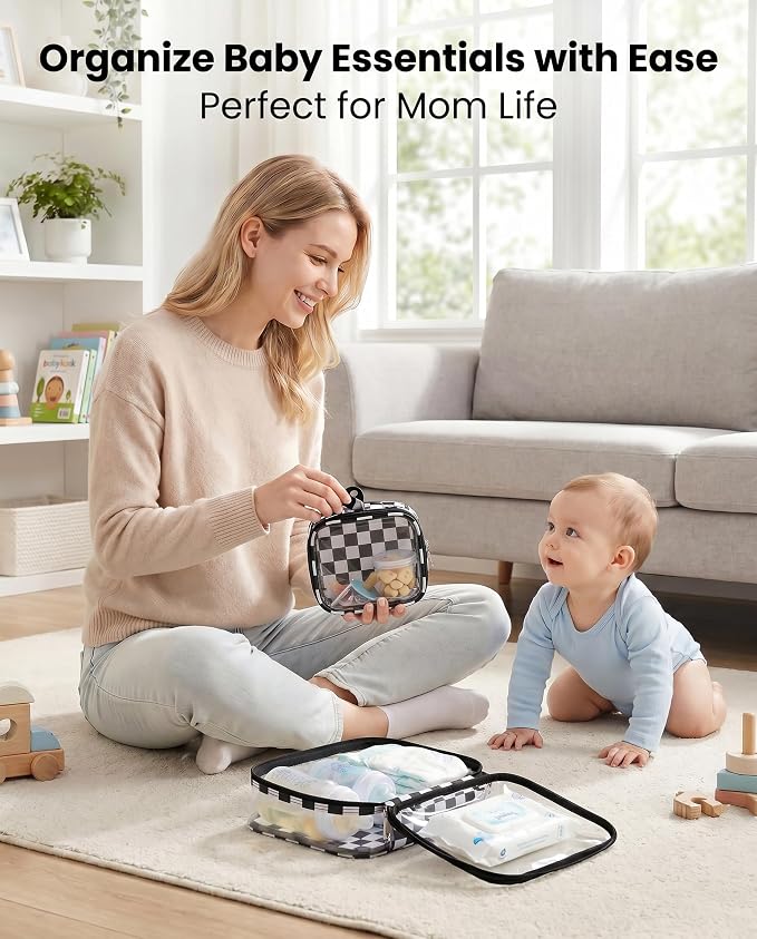 LETGO Checkered Diaper Bag Organizer Pouch Set,TSA Approved Toiletry Bag,Clear Waterproof TPU Makeup Bag Set Travel Organizer Bags for Women and Kids Toiletry Bag Set for Baby and Mom Essentials