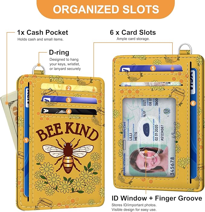 SEAVILIA Credit Card Holder for Women, Bee RFID Wallet Women, Slim Minimalist Front Pocket Card Holder, Cute Thin Travel RFID Blocking Card Case, Small Wallets Woman Gifts Girls