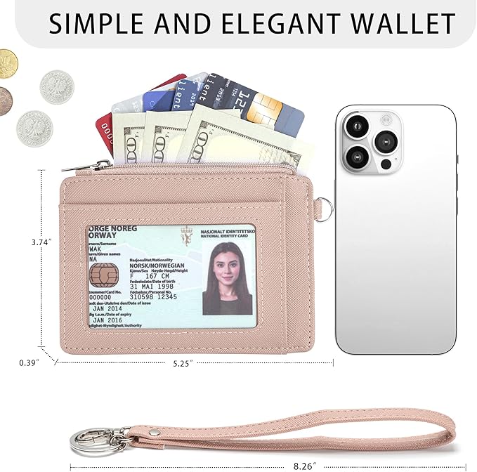 SEAVILIA Small Wallet for Women Slim Wristlet Keychain Wallets RFID Credit Card Holder With Zipper Pocket, ID Window (Pink)