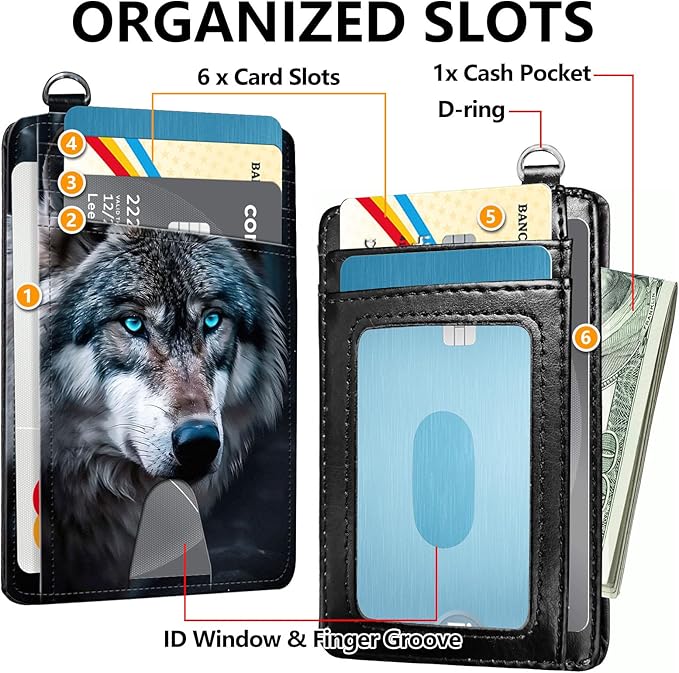 Slim RFID Blocking Card Holder Wallet with Wrist Strap - Minimalist Front Pocket Wallet, Wolf's Gaze Design, PU Leathe, for Men & Women, Ideal for Travel & Gifts