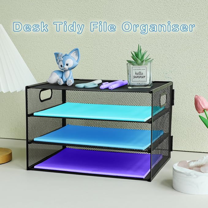 3 Tier Desk Organiser with Handle, Pull-Out Mesh File Organizer for Letter Tray Organizer Mesh Desk Organiser Tray Paper Storage Rack for A4 File Office Supplie, Black