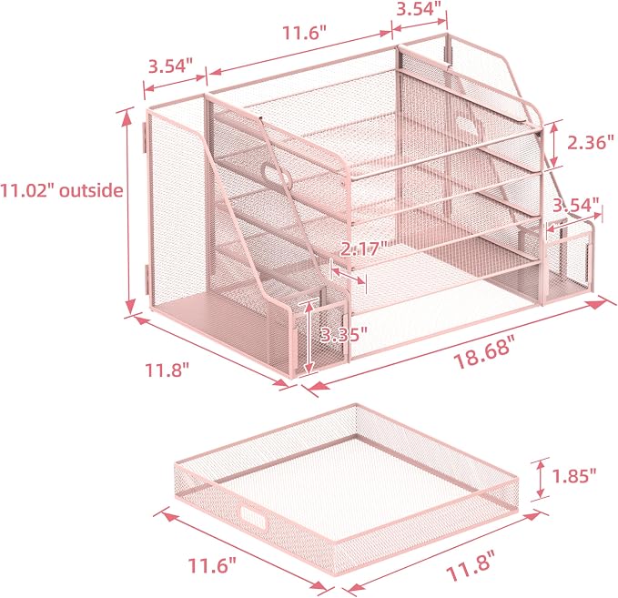 SUPEASY Mesh Desk Organizer with File Holder, 5-Tier Paper Letter Tray Organizer with Magazine Holder, Desktop Organizer and Storage with Drawer for Office Supplies Home or School (Pink)