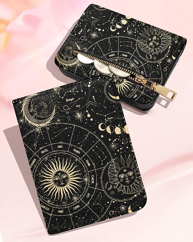 Bistup Credit Card Holder Wallet for Women Cute Leather Ladies Teen Girls Female Cardholder Wallets Accordion Purse Small Medium Aesthetic Print Stars Modern Design Rfid Zipper Around