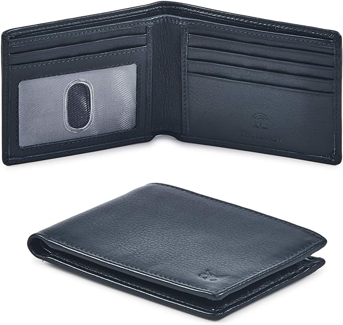 Real Leather Mens Bifold Wallet RFID Blocking Slim Minimalist Front Pocket - Thin & Stylish with ID Window in Gift Box (Nappa, Midnight Navy)