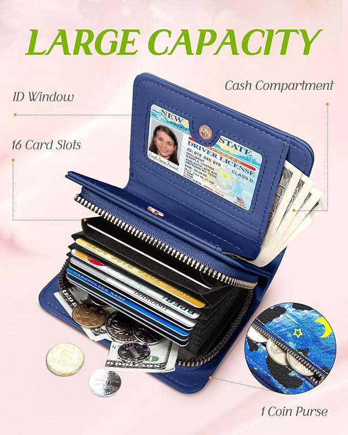 Bistup Credit Card Holder Wallet for Women Cute Leather Ladies Teen Girls Female Cardholder Wallets Accordion Purse Small Medium Aesthetic Print Cat Modern Design Rfid Zipper Around