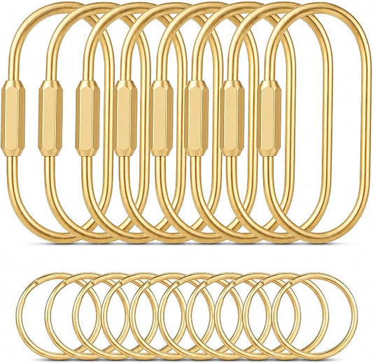 Tiezzi 8 Pack Gold Brass Key Rings with Screw Lock, Carabiner Keychain Clips with 10 O-Rings, Keychain Clasps & Bag Charm Holders for Purses, Tote Bags, Handbags and DIY Crafts