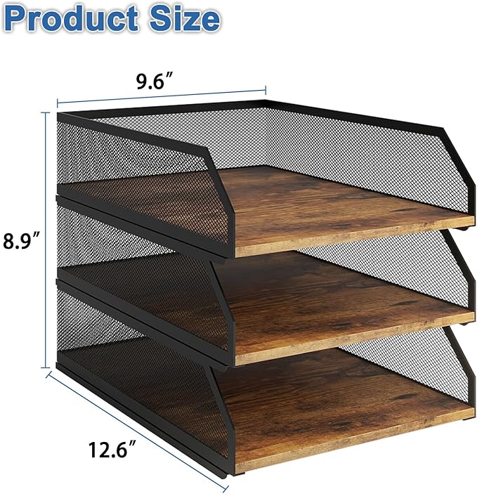 Natwind 3-Tier Stackable Metal Mesh Paper Organizer with Sliding Tray,Retro | Wooden Desk Organizer, Letter Tray For Desktop,File Holder For Home Office School Classroom Organization