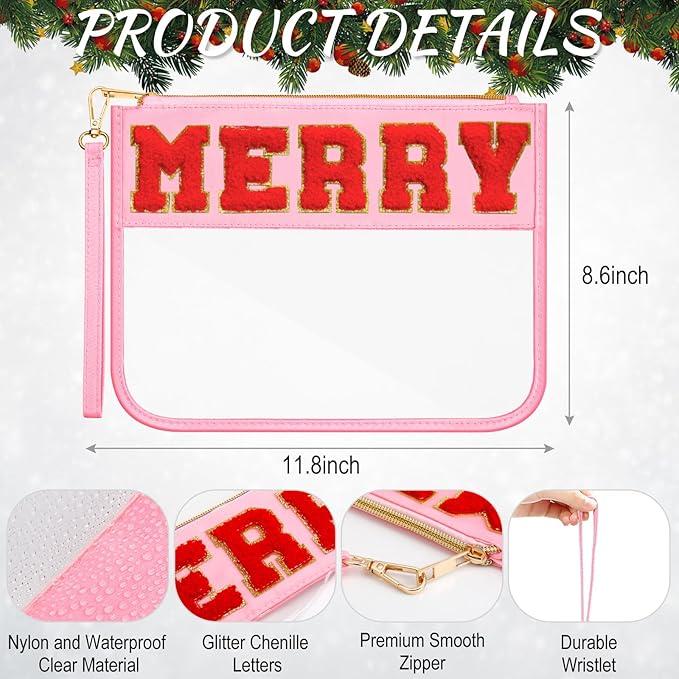 Abbylike 12 Pcs Snack Bags Chenille Letter Merry Zipper Pouch Waterproof PVC Large Bag for Travel Makeup Cosmetic Storage Organizer for Mom Team Cheerleaders Teacher (Bright Colors)