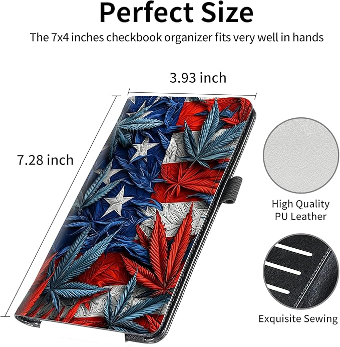 FUYOCWE Checkbook Covers for Personal Checkbook,Leather Checkbook Cover for Business/Personal Checks,RFID Blocking Check Book Cover Holder Wallets for Men Women-American Flag Leaf